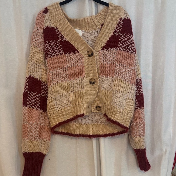 Lush Sweaters - LUSH Cozy V-Neck Chunky Knit Cardigan Sweater in Cream, Pink & Burgundy- unworn